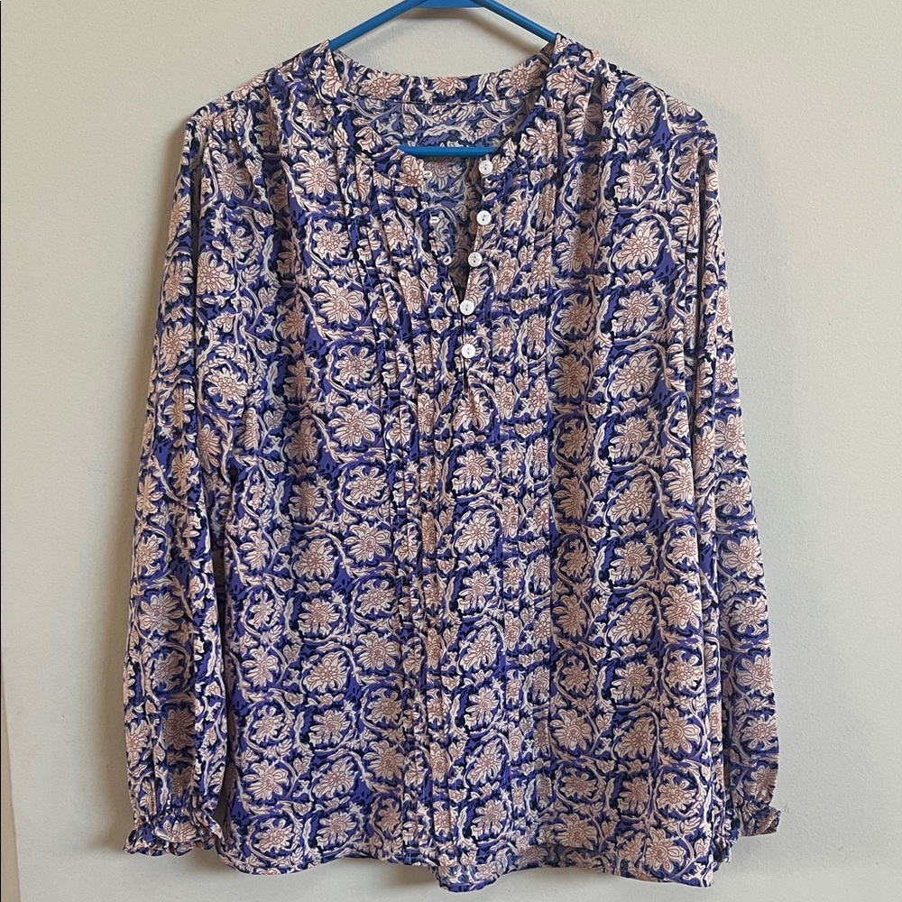 Floral Blue and Cream Women's Top